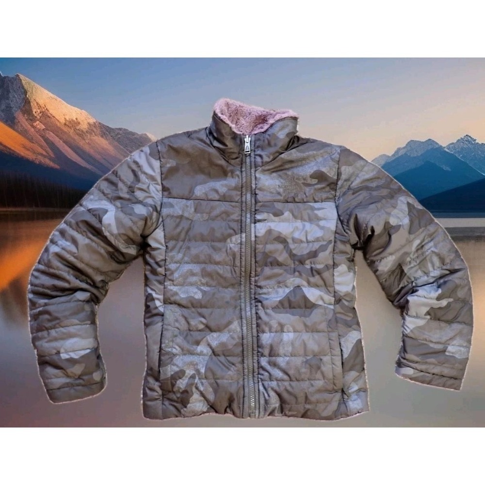 The‎ North Face Reversible Jacket Girls M 10/12 Grey Camo Good Mossbud Swirl